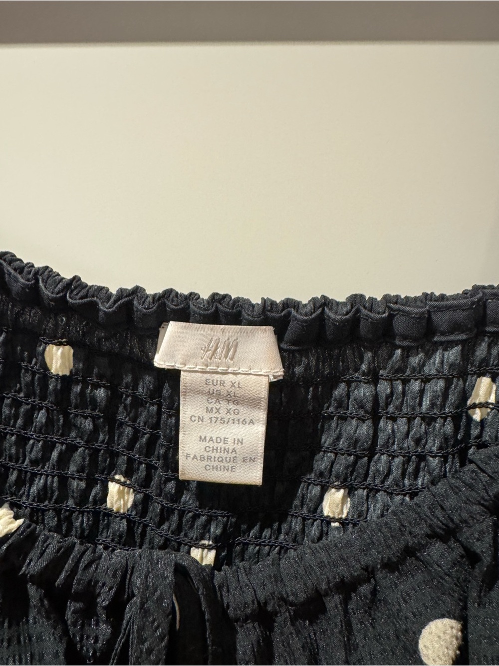 H&M Black Smocked Polka Dot Blouse with Cream Dots